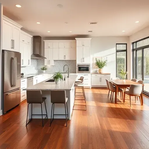 Modern kitchen remodel in Highland MD featuring sleek cabinetry, stainless appliances, granite counters, and warm hardwood floors.