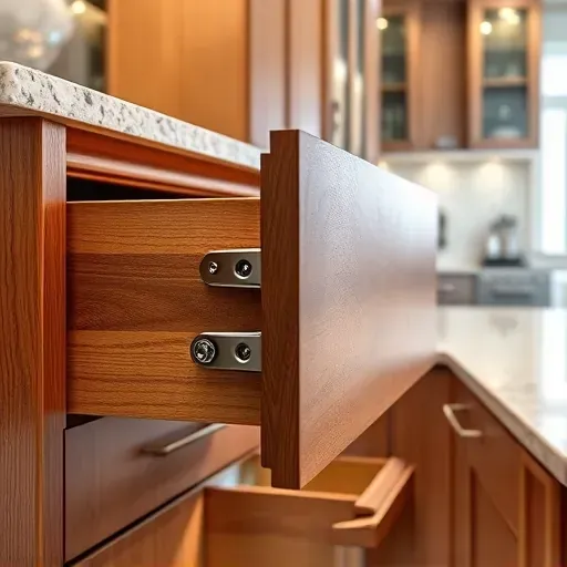 Smooth soft-close drawer slides installed in a modern Pasadena kitchen with wooden cabinets granite countertops stainless steel appliances and minimalist design