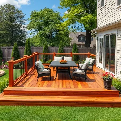 Beautiful wooden deck in Pasadena Maryland with outdoor furniture lush greenery and colorful flower beds