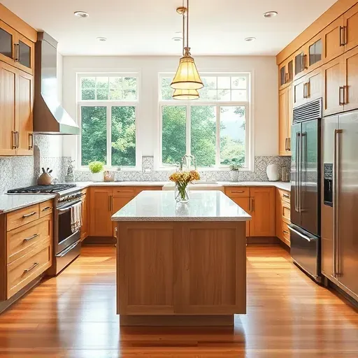 Remodeled Accokeek MD kitchen with granite counters stainless steel appliances custom wood cabinets bright airy space hardwood floors and lush backyard view