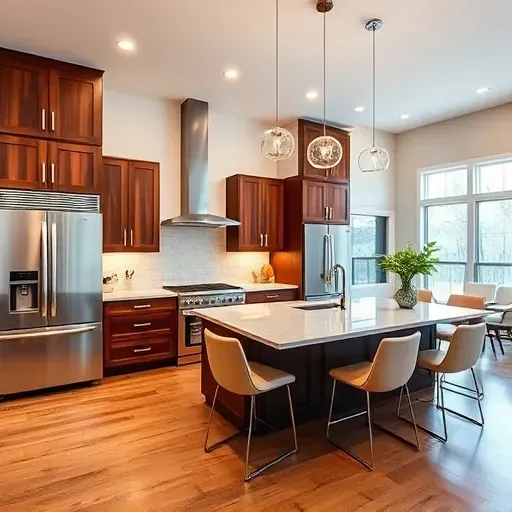 Remodeled kitchen in Parkton MD features walnut cabinetry, stainless steel appliances, marble countertops, and hardwood floors.