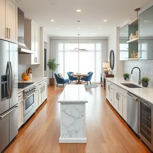 Modern kitchen remodel in Hughesville, MD with stainless steel appliances, marble island, and elegant decor.