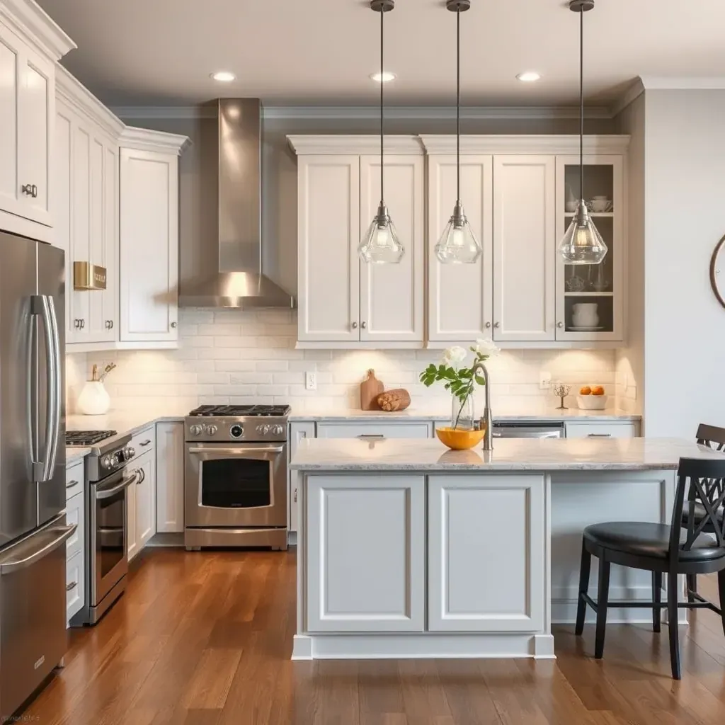 Modern White Marsh kitchen with white shaker cabinets, gray quartz countertops, stainless steel appliances, and natural light.