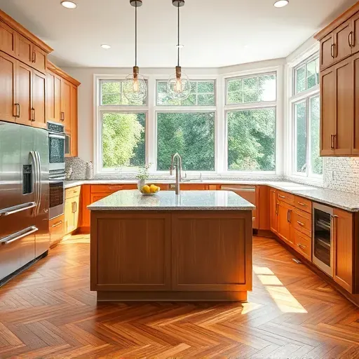 Remodeled modern kitchen in Parkton MD with granite counters stainless steel appliances custom wood cabinets and herringbone hardwood flooring