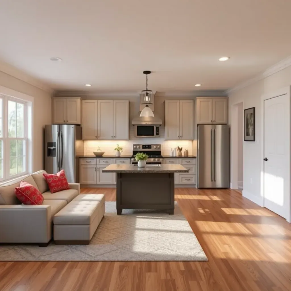Modern Hughesville, MD kitchen with sleek cabinetry, granite countertops, stainless steel appliances, island, and natural light.