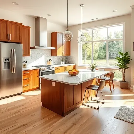 Modern kitchen remodel in Myersville MD featuring stainless steel appliances, custom cabinetry, and marble island.