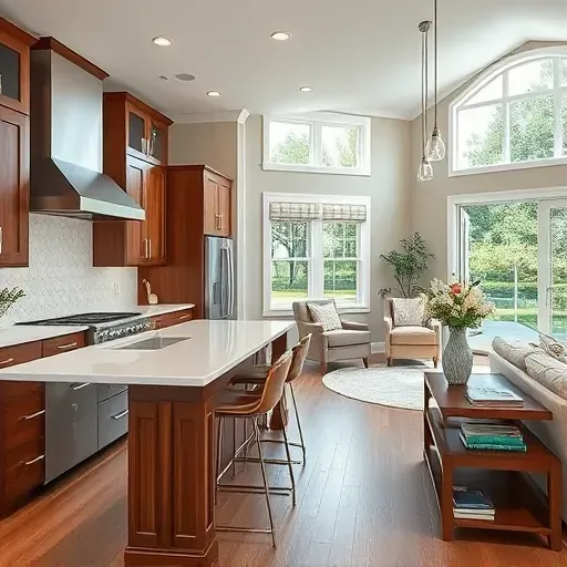 Elegant kitchen remodel in Gibson Island MD with stainless steel appliances, wood cabinetry, and bright, open living area.