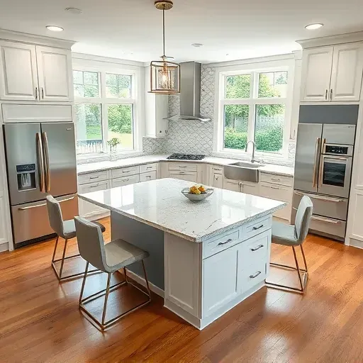 Recently remodeled modern kitchen in Rockville MD with granite countertops stainless steel appliances a stylish backsplash and a large marble-topped center island