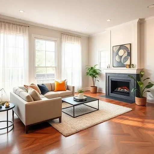 Remodeled living room in Clarksburg MD featuring modern design with cozy sofa, chic coffee table, and bright natural light.