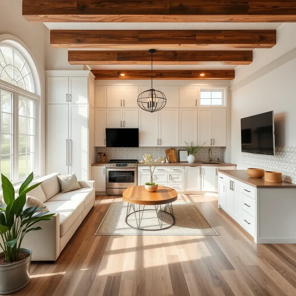 Modern home renovation in Gaithersburg, MD, featuring new hardwood floors, painted walls, scaffolding, tools, and updated kitchen.