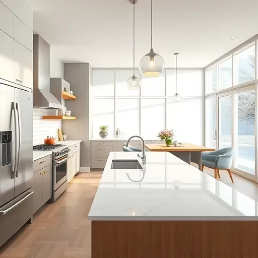 Beautiful renovated modern kitchen in Silver Spring MD with gray cabinetry, warm wood accents, quartz countertops, stainless steel appliances, marble island, subway tile backsplash, open shelving, and natural light.