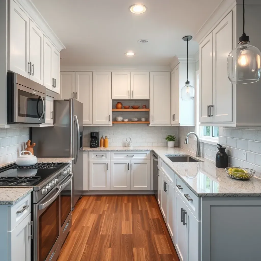 Modern Hanover, MD kitchen with quartz countertops, dark cabinets, stainless steel appliances, and large windows.