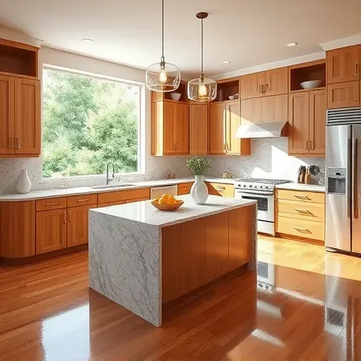 Remodeled Rockville MD kitchen with granite counters, stainless appliances, wooden cabinets, central island, and natural light