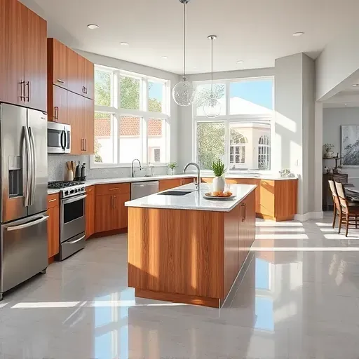 Remodeled Dayton MD kitchen featuring modern wood cabinetry stainless steel appliances marble island natural light