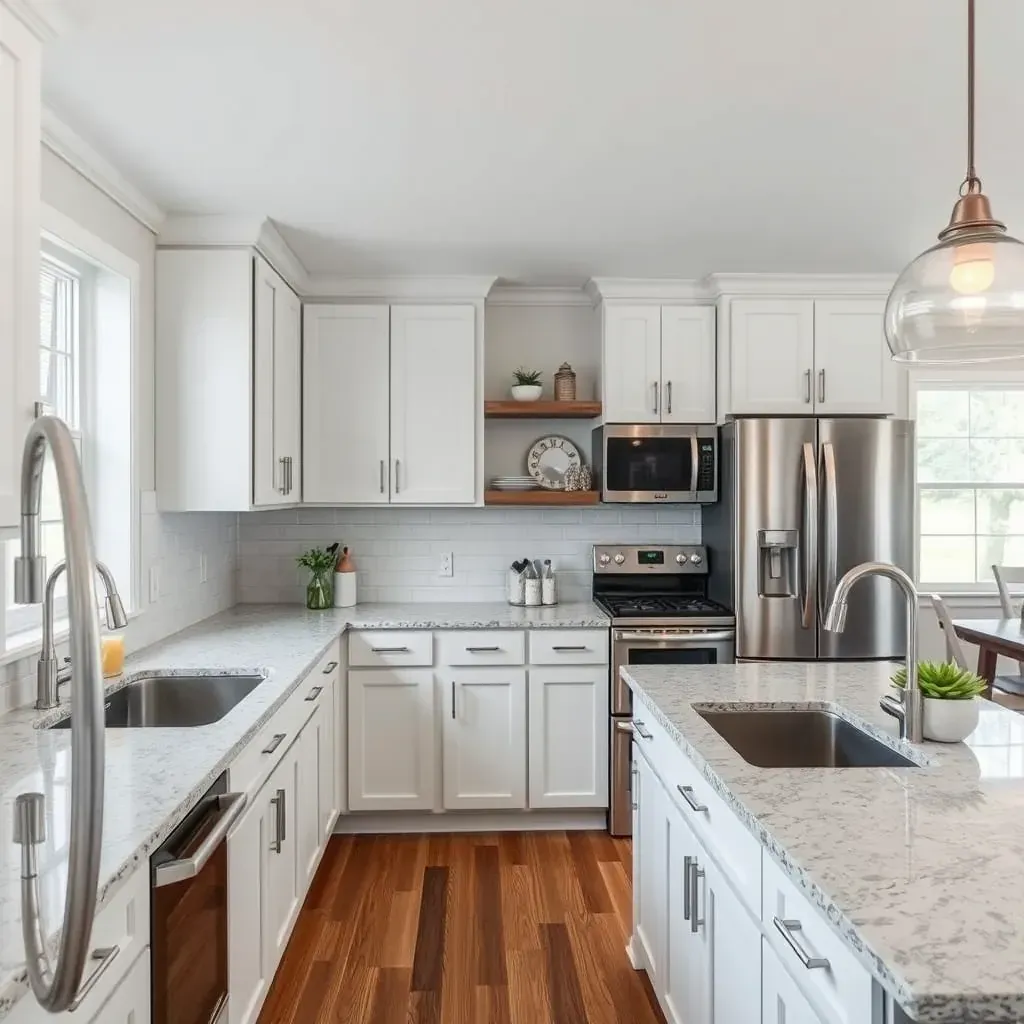 Spacious modern kitchen in Parkton, MD with dark wood cabinets, white quartz counters, stainless appliances, and natural light.