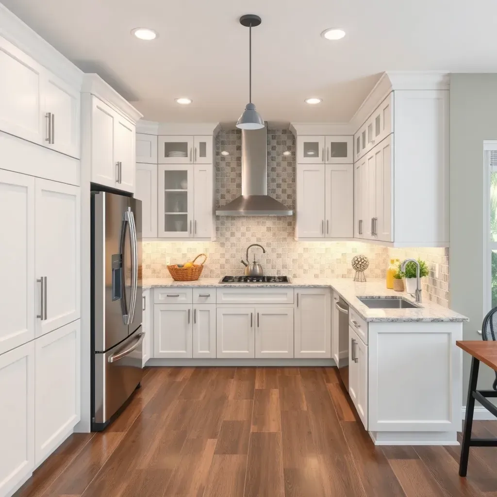 Modern Dayton, MD kitchen with quartz countertops, white shaker cabinets, stainless steel appliances, dark wood island, subway tile backsplash, and hardwood flooring.