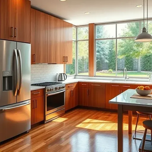 Recently remodeled kitchen in West Friendship MD featuring warm wood cabinetry, stainless steel appliances, and polished quartz countertops.