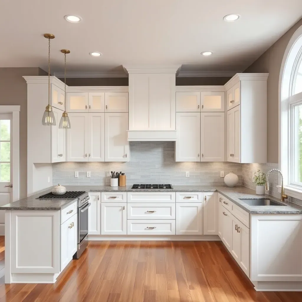 Modern Fulton, MD kitchen with quartz countertops, gray shaker cabinets, stainless steel appliances, hardwood floors, and natural light.