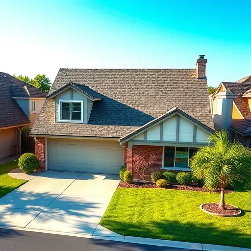 Freshly renovated home exterior featuring new high-quality shingle roof, lush landscaping, and neighboring quality roofs under a blue sky