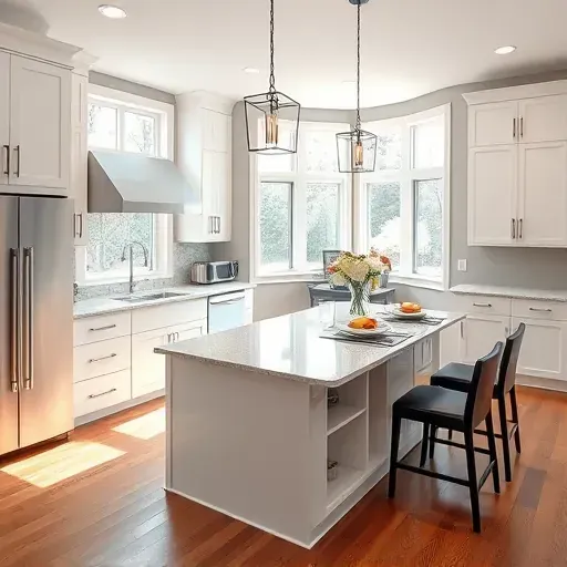 Modern Clarksburg kitchen remodel with sleek cabinetry, granite island, natural light, and elegant lighting accents.