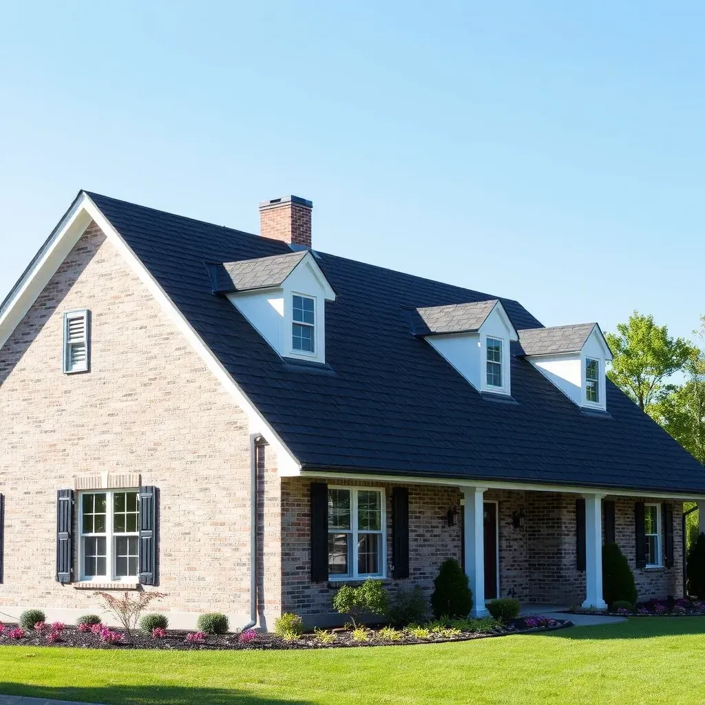 Serene Pasadena, MD home with textured asphalt shingle roof, lush landscaping, and Chesapeake Bay in the background.