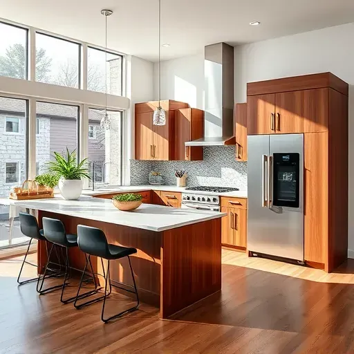 Modern kitchen remodel in Fulton MD featuring walnut cabinetry, quartz countertops, and stylish bar stools in natural light.