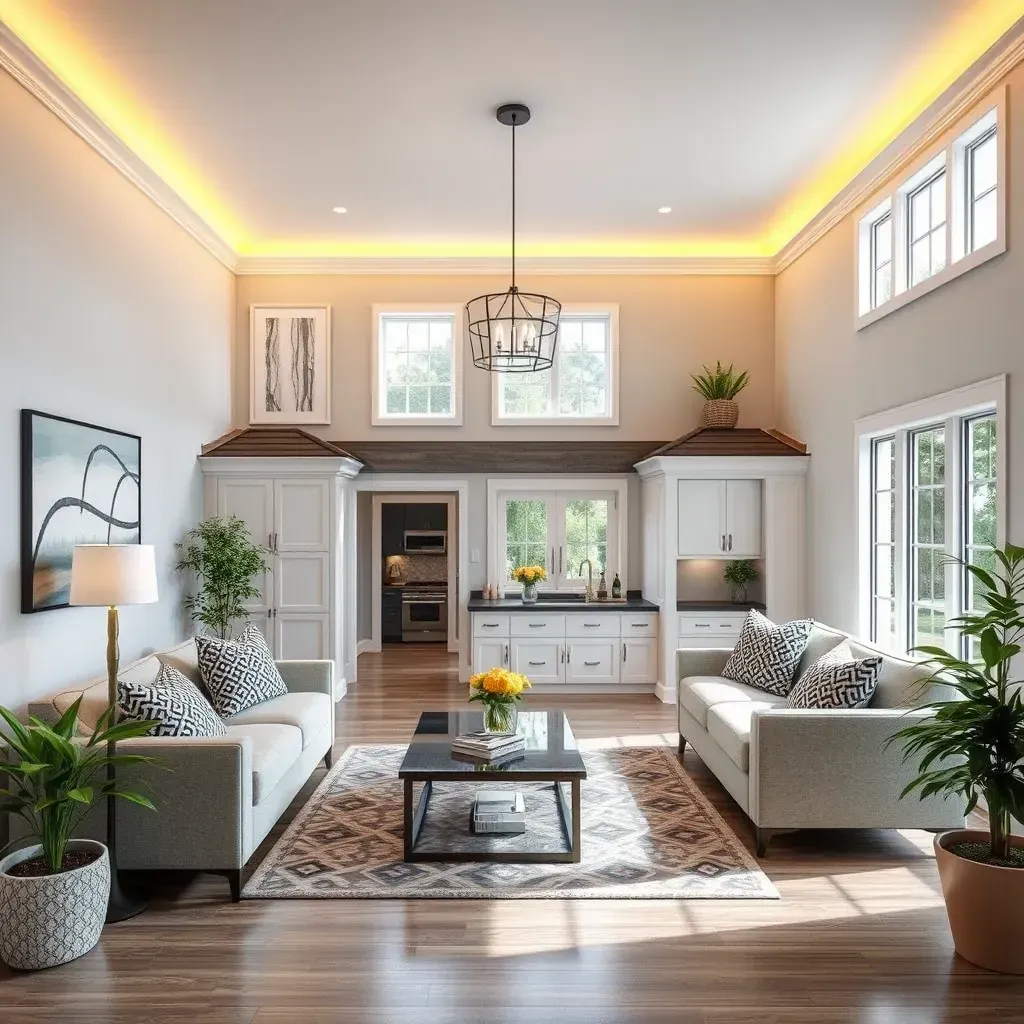 Detailed image of Hanover, MD home renovation showing a modern kitchen, hardwood flooring, remodeled bathroom, and landscaped yard.