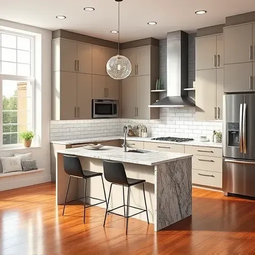 Remodeled Derwood MD kitchen with matte cabinets granite island stainless appliances subway tile backsplash hardwood floors modern fixtures natural light