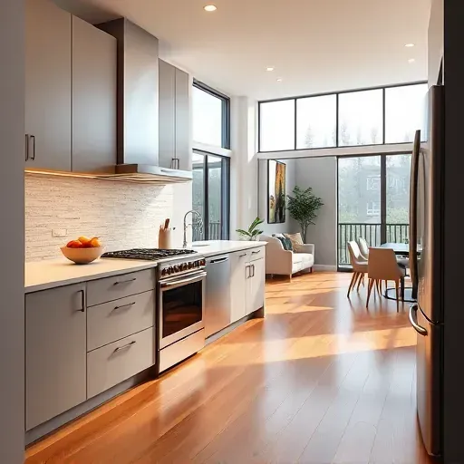 Recently remodeled modern kitchen in Brandywine Maryland with matte cabinetry stainless steel appliances hardwood floors natural light