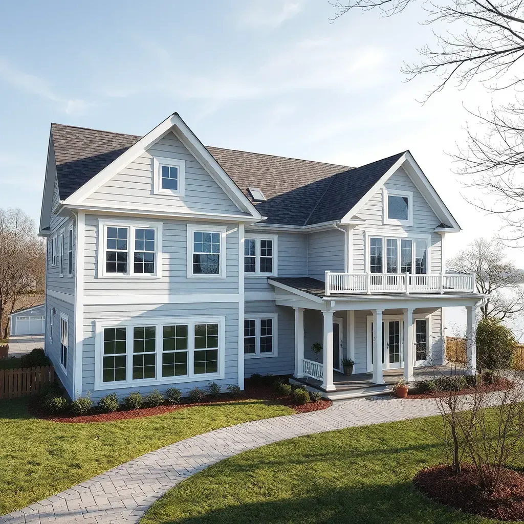 Partial home renovation in Gibson Island, MD featuring a navy and white exterior, lush landscaping, and ongoing remodeling details.