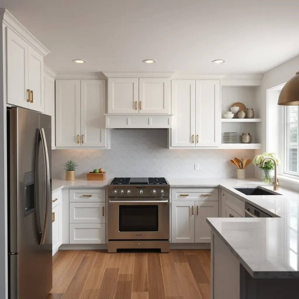Modern Pasadena, MD kitchen with grey cabinets, quartz countertops, waterfall island, stainless appliances, and bright natural light.