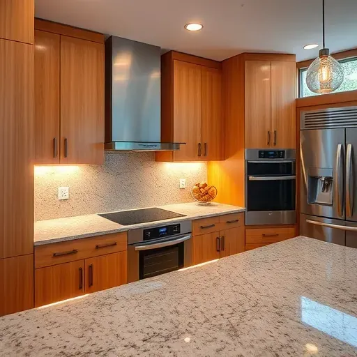 Modern Pasadena kitchen with sleek wooden cabinets polished granite countertops and under-cabinet LED lighting