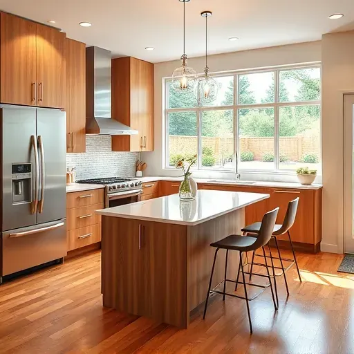 Renovated Hughesville MD kitchen with warm wood cabinetry quartz island pendant lighting stainless steel appliances and landscaped backyard view