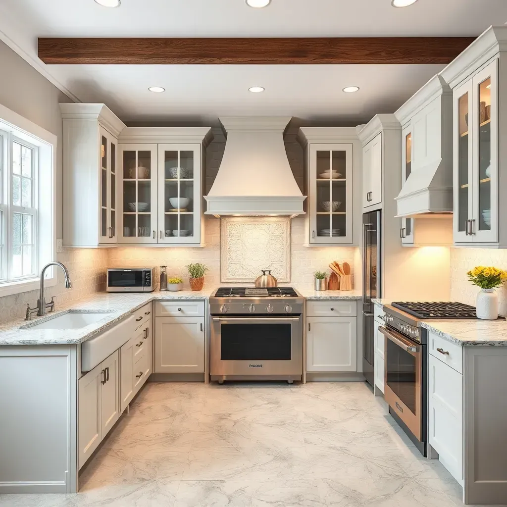 Modern Glen Arm kitchen with granite countertops, warm wood cabinets, subway tile backsplash, large windows, and stainless steel appliances.