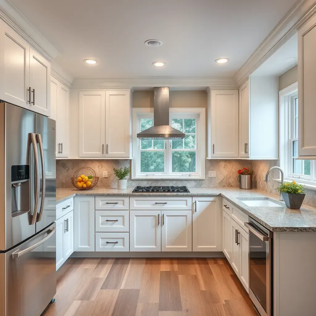 Modern Highland, MD kitchen remodel with white cabinets, quartz counters, mosaic backsplash, stainless appliances, and hardwood floors.