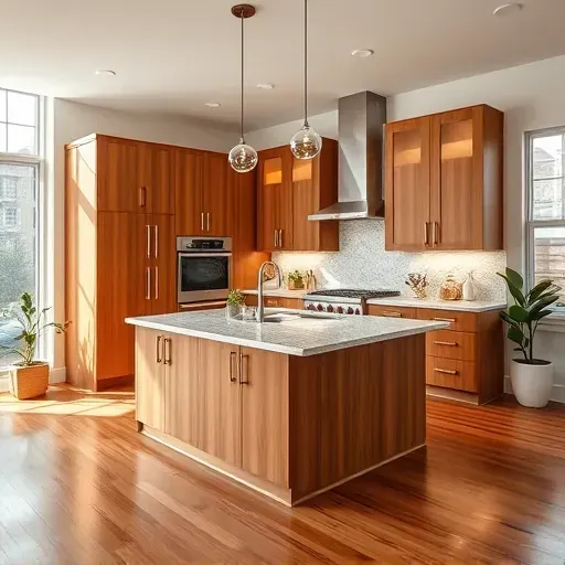 Recently remodeled modern kitchen in West Friendship MD with warm wood cabinetry granite island stainless appliances and natural light