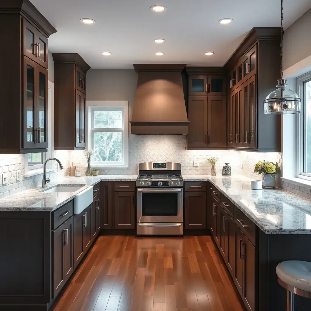 Modern Rockville, MD kitchen with white and dark wood cabinets, granite countertops, island, subway tile backsplash, stainless appliances.