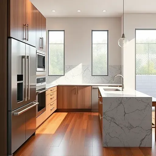 Modern kitchen in Marriottsville MD with stainless steel appliances, granite countertops, wooden island, hardwood floors, and stylish backsplash