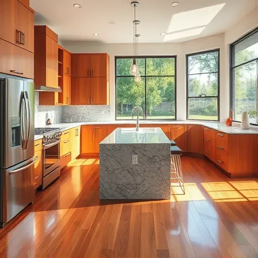 Remodeled Mount Airy Maryland kitchen with granite countertops stainless steel appliances custom wood cabinets hardwood floors large windows and modern backsplash