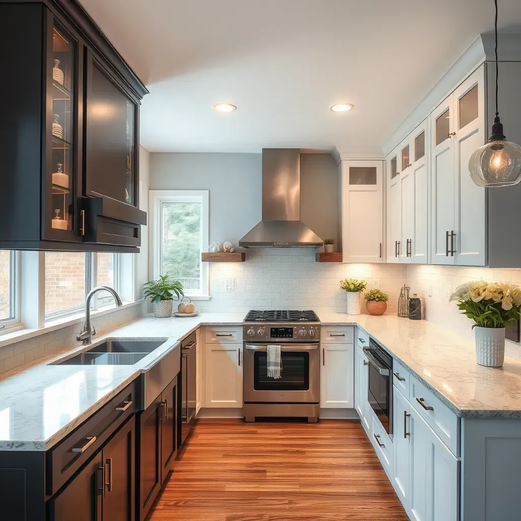 Remodeled kitchen in Welcome, MD with dark wood cabinets, quartz countertops, stainless steel appliances, and hardwood flooring.