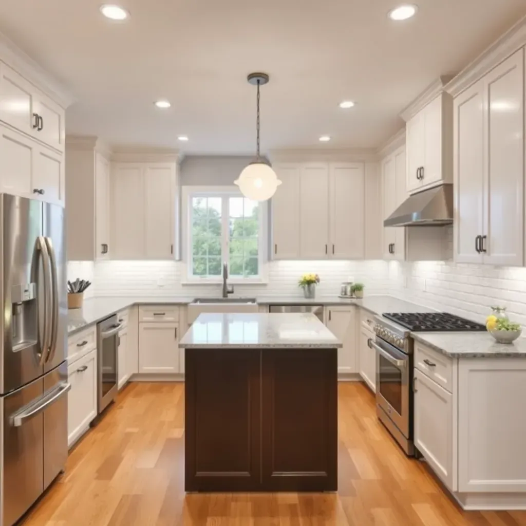 Bright, modern Ellicott City kitchen with white cabinets, granite countertops, stainless appliances, island, pendant lights, and hardwood floors.
