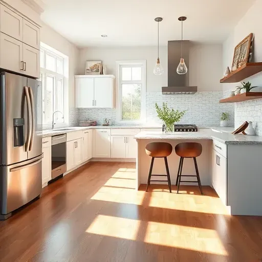 Modern kitchen in Dunkirk MD featuring quartz countertops, stainless steel appliances, and elegant decor in natural light.