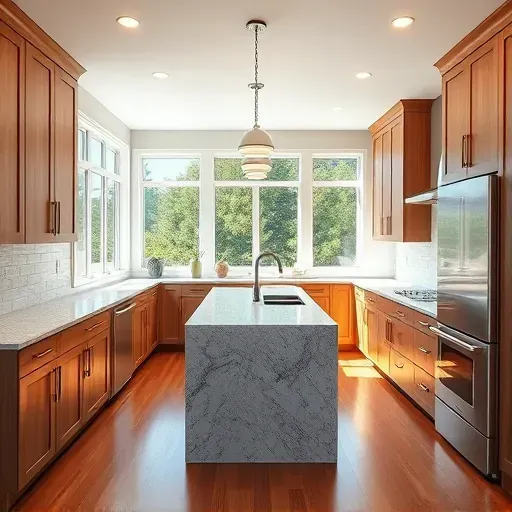 Remodeled Dayton Maryland kitchen with granite countertops stainless steel appliances wooden cabinetry large windows hardwood floors and modern lighting