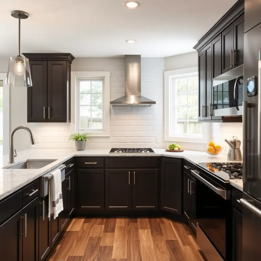 Modern Severna Park kitchen with sleek cabinetry, stainless steel appliances, quartz countertops, and hardwood floors.