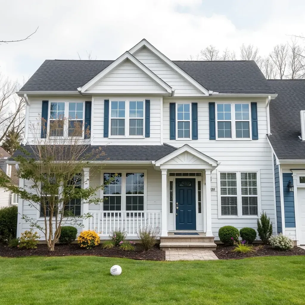 Charming Severna Park home renovation with lush lawn, scaffolding, construction materials, and fresh gray siding.