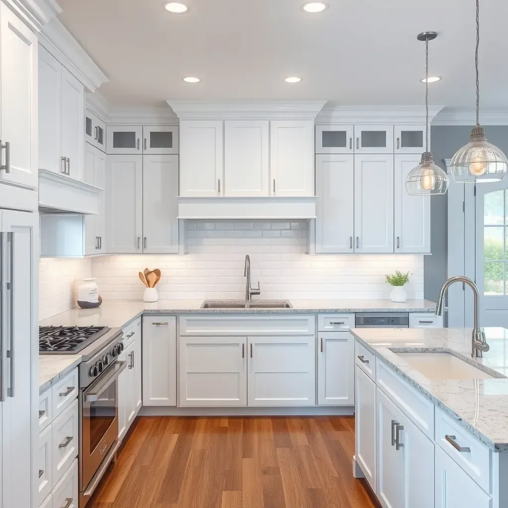 Modern Clarksville, MD kitchen with quartz countertops, oak cabinets, stainless appliances, subway tiles, and hardwood floors.