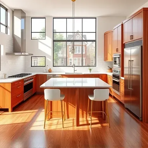 Modern Annapolis kitchen with quartz countertops stainless steel appliances custom wood cabinets hardwood floors and natural light