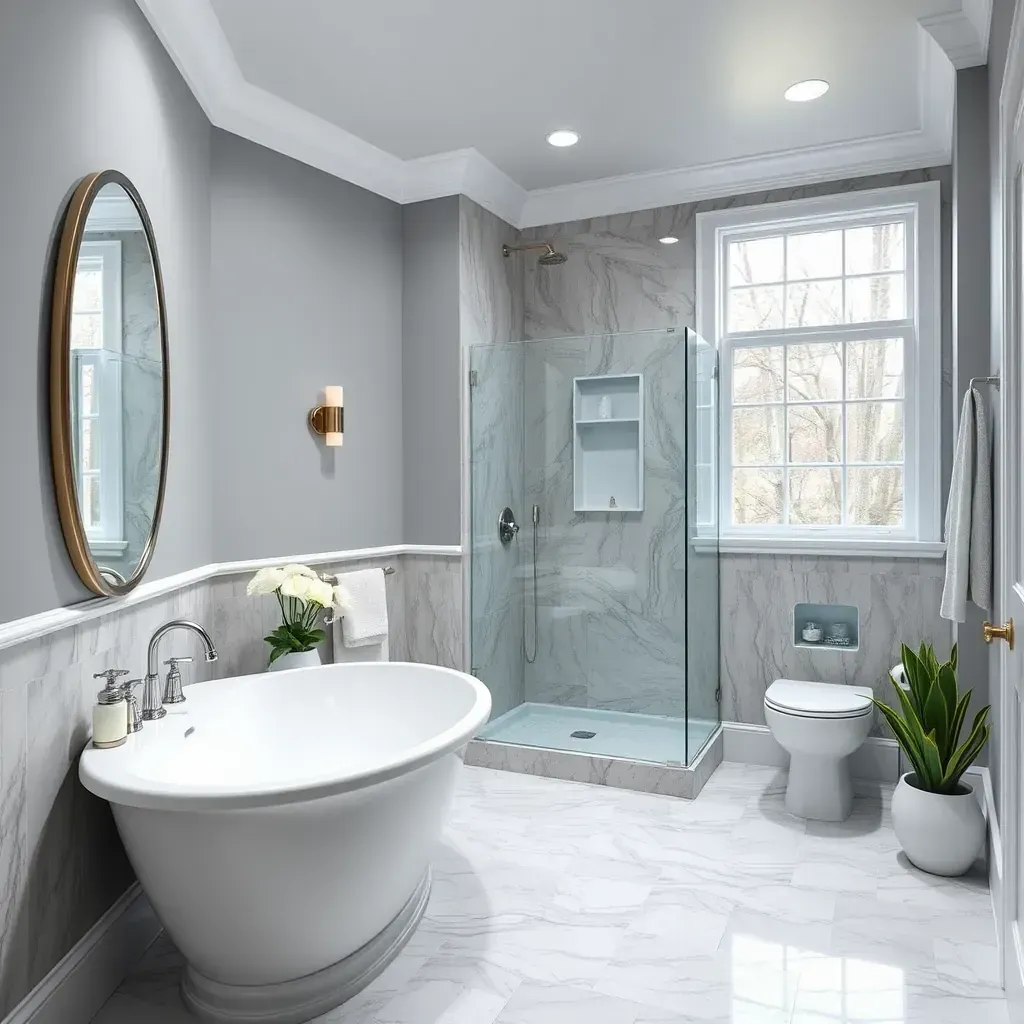 Modern Pasadena, MD bathroom featuring ceramic tiles, glass shower, quartz double vanity, soaking tub, and elegant lighting.