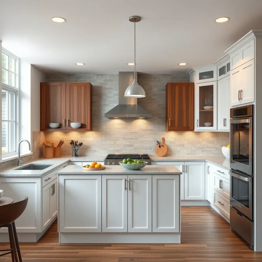 Remodeled Mount Airy, MD kitchen with modern cabinetry, quartz countertops, farmhouse sink, island, subway tile backsplash, and hardwood flooring.