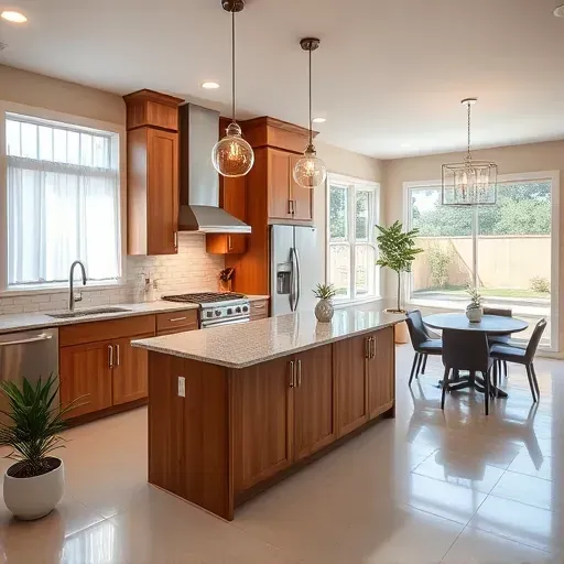 Recently renovated Clarksburg MD kitchen with modern wood cabinets stainless steel appliances granite island subway tile backsplash large windows ceramic flooring and open living area